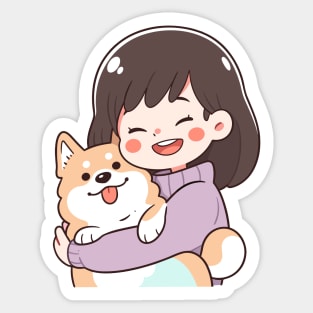 Just a Girl with her corgi dog illustration I Sticker